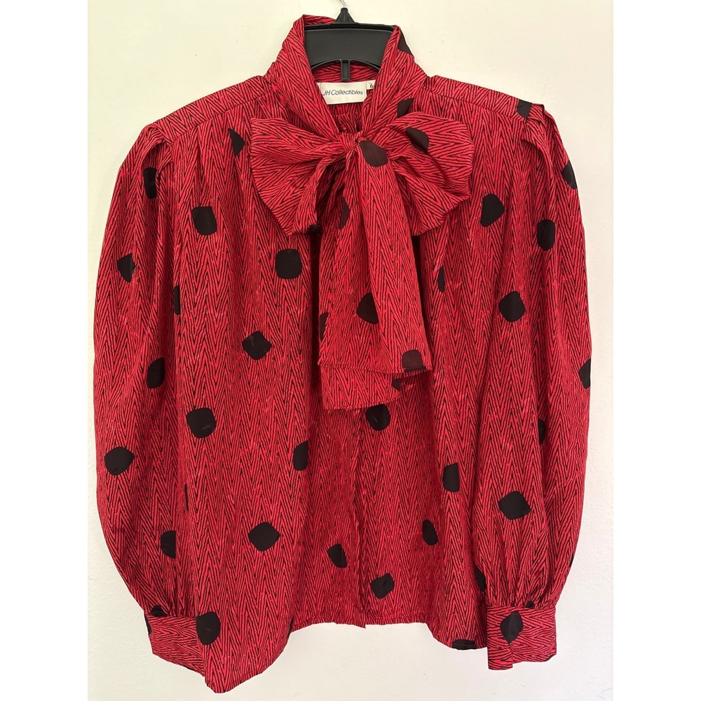 JH Collectibles Bow Blouse Womens 6 Red Excellent Chevron Polka Dot 80s